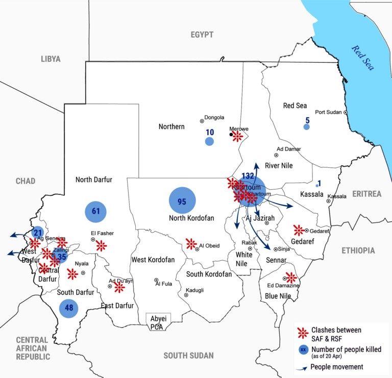 OCHA 400 Dead Mass Displacements Amid Sudan Clashes Dabanga Radio   230421 Sudan Conflict Map OCHA 768x741 